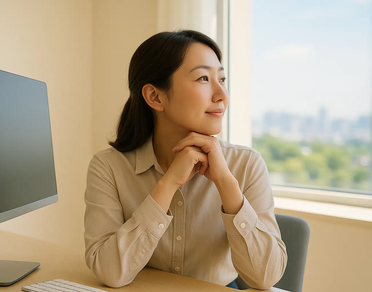 사무실에서 컴퓨터 앞에 앉은 직장인이 창밖 먼 거리를 바라보며 휴식하는 장면