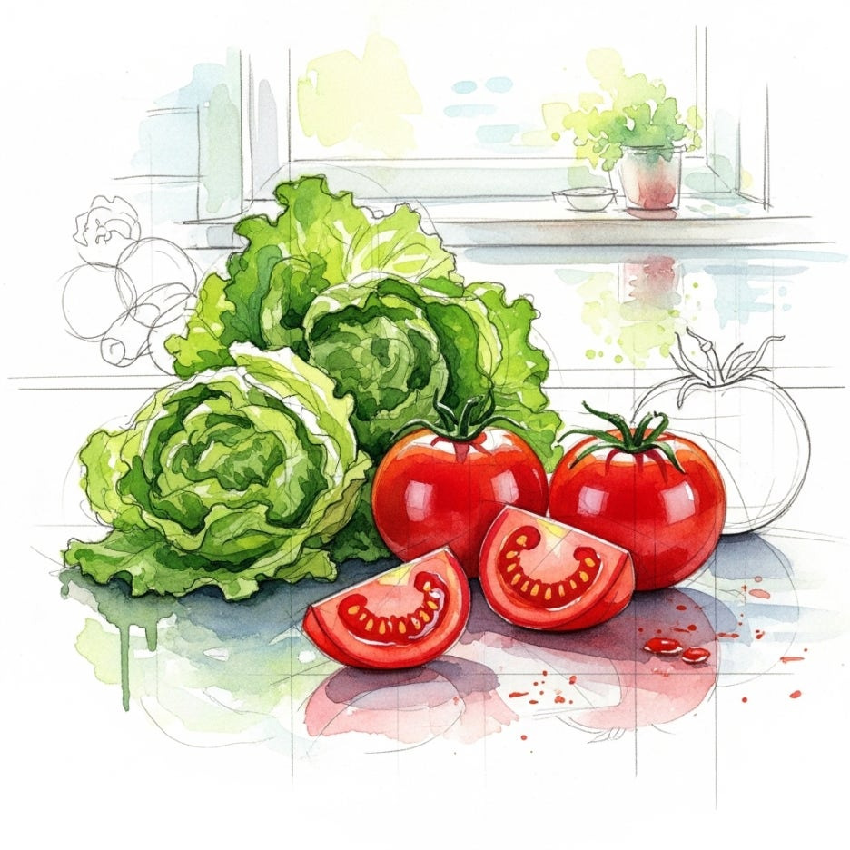 주방 위에 놓인 신선하고 싱싱한 양상추와 토마토