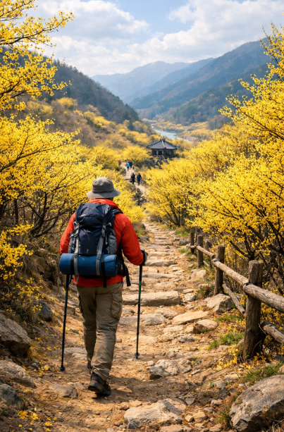 봄꽃 트레킹 코스로 유명한 구례 산수유 옛길을 걷는 상춘객들의 모습