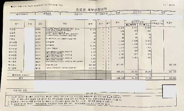 월요일에 2차병원에서 사용한 비용 진료비 세부내역서