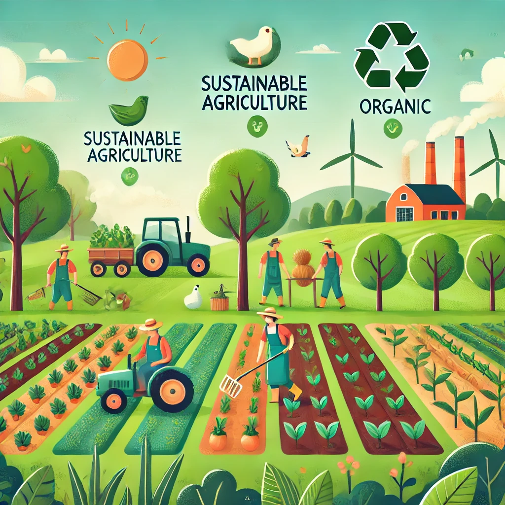 DALL·E 2024-10-26 23.22.02 - Illustrated image of sustainable agriculture with eco-friendly farming practices. Farmers in a green field using organic methods, surrounded by trees,.webp