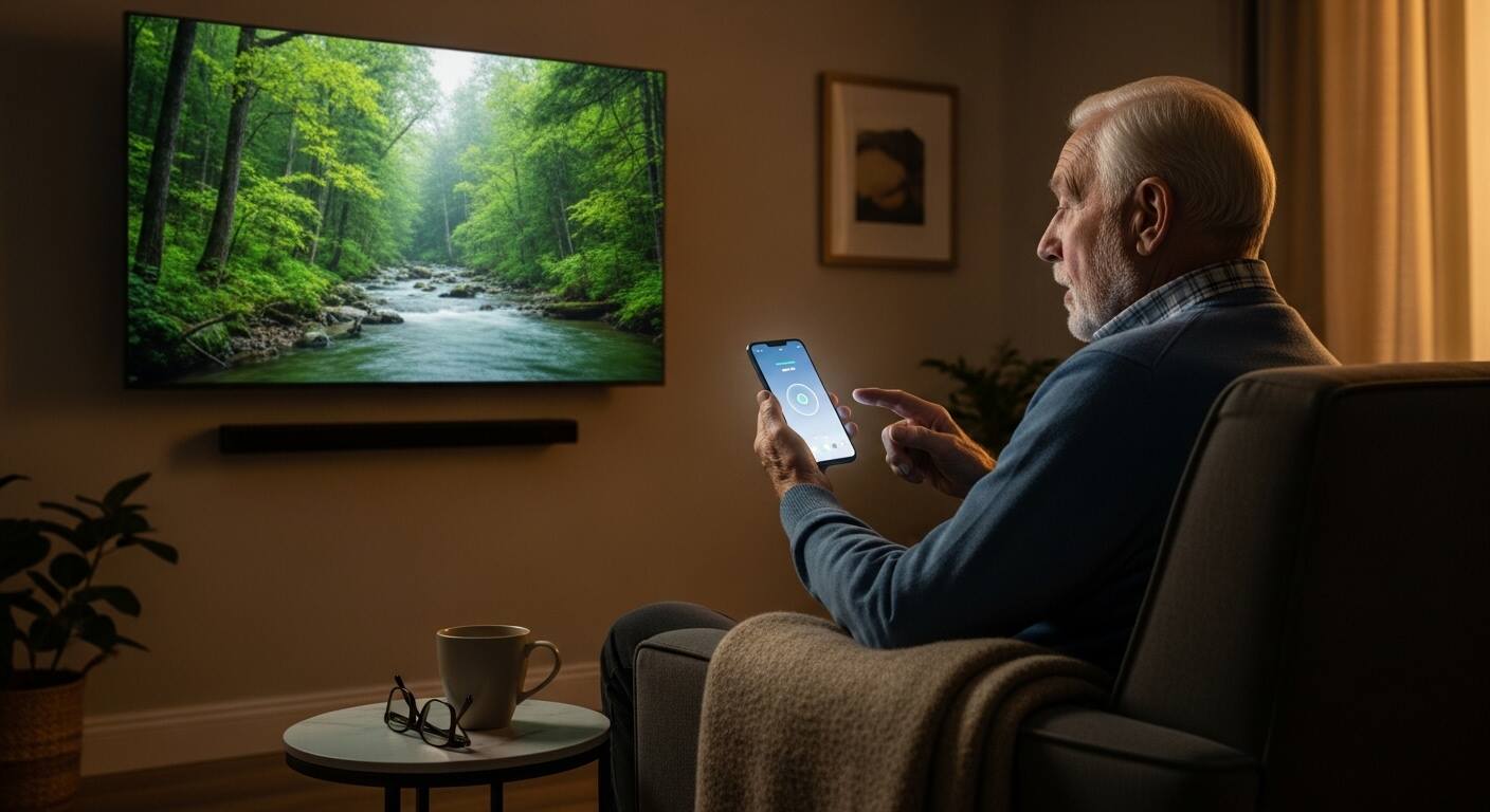 리모컨 없이 스마트폰 음성 명령으로 편안하게 TV를 시청하는 시니어의 모습