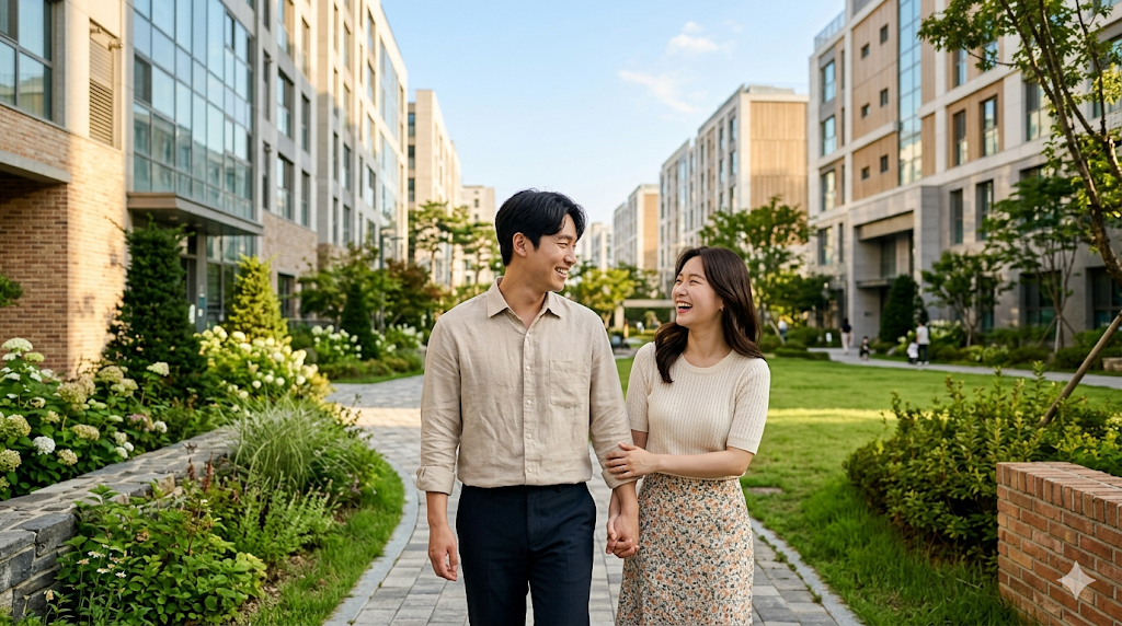 맑고 푸른 하늘 아래 세련된 최신 아파트 단지 산책로에서 캐주얼한 정장과 니트를 입은 한국인 신혼부부가 서로를 바라보며 환하게 웃고 있는 하이엔드 라이프스타일 실사 사진
