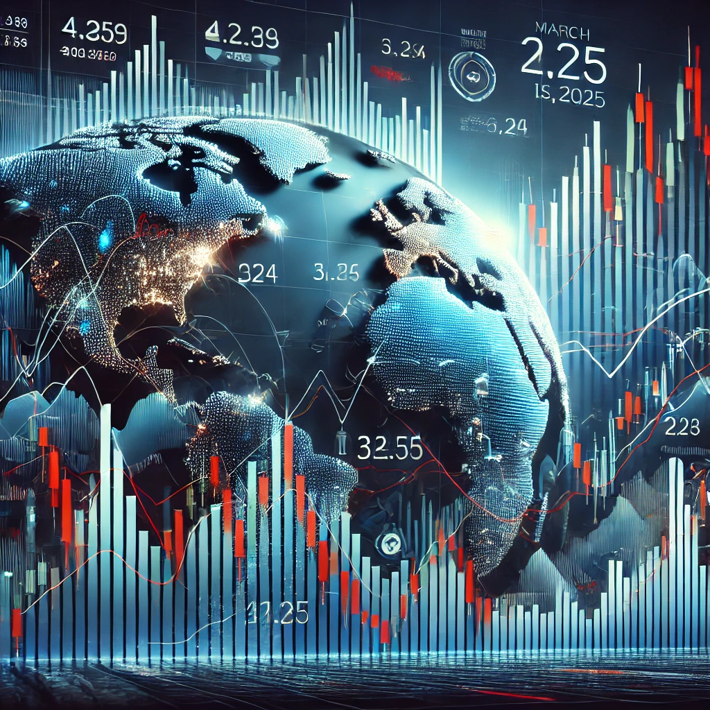 "2025년 3월 5일 글로벌 주식 시장 변동성을 나타내는 캔들 차트와 주요 금융 데이터 화면."
