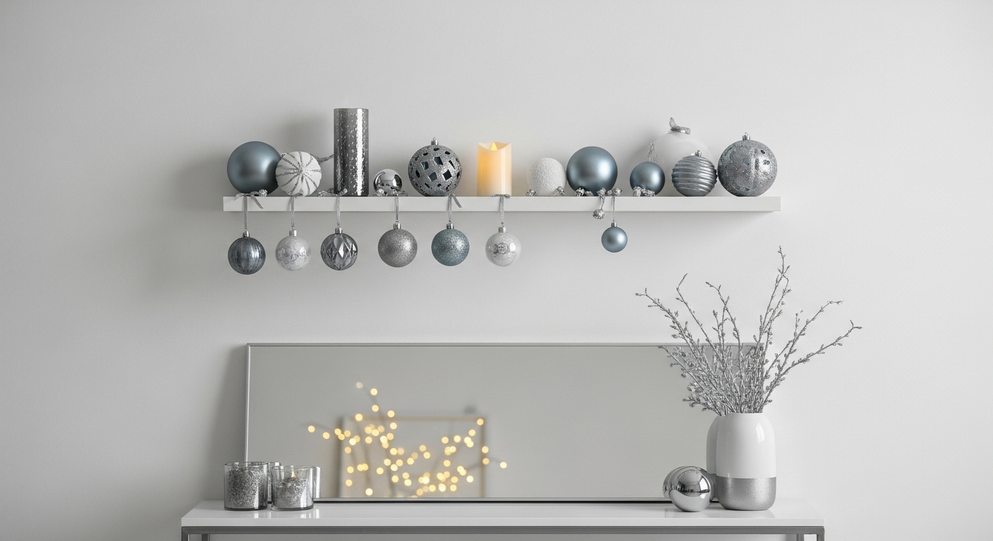 블루-그레이 테마의 크리스마스 소품으로 꾸며진 벽 선반과 거울이 공간을 넓어 보이게 하는 작은 거실 인테리어. 수직 공간 활용의 좋은 예시.