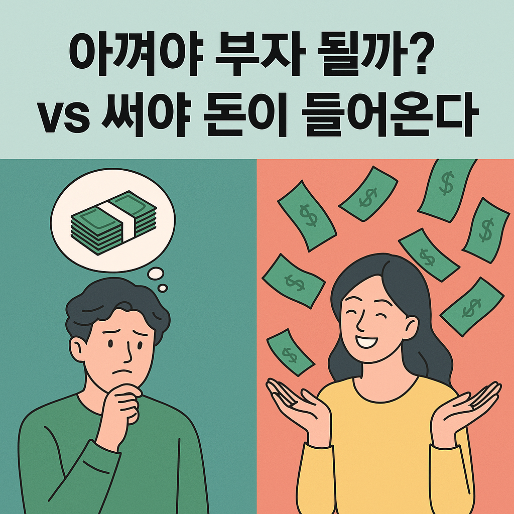 &lsquo;아껴야 부자 될까? vs 써야 돈이 들어온다&rsquo;라는 질문을 중심으로, 한쪽은 돈을 아끼며 고민하는 남성, 다른 쪽은 돈을 받으며 기뻐하는 여성을 대비하여 표현한 썸네일 이미지입니다.
