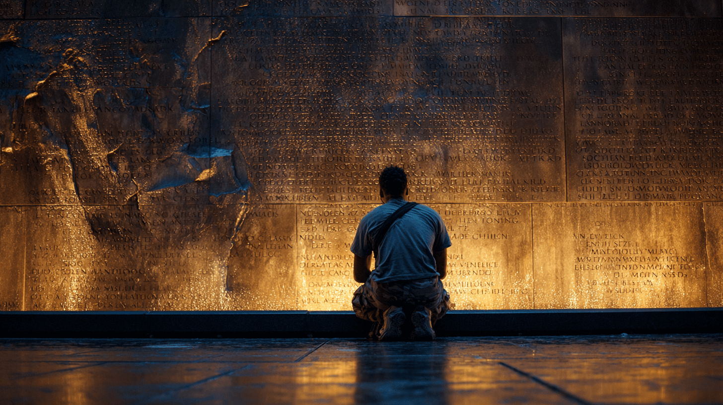 명단이-쓰여있는-벽을-바라보며-무릎-꿇고-있는-남자