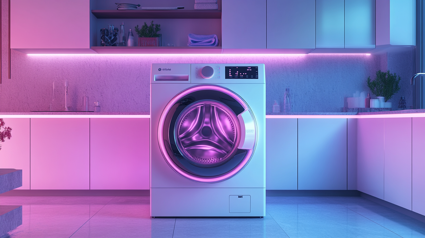 스마트 기능과 에너지 효율성이 강조된 미래형 세탁기와 함께하는 현대적 주방 모습.