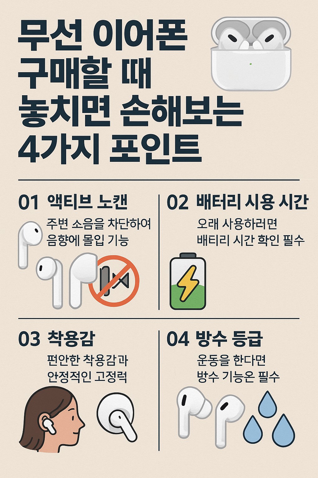 무선 이어폰 최신 트렌드 인포그래픽: 고음질 코덱, 노이즈 캔슬링, 멀티포인트, 저지연 모드