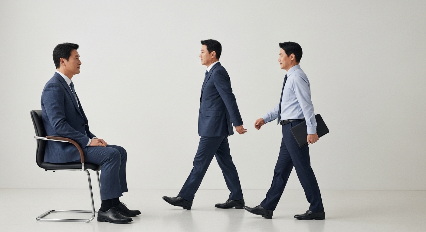 50대 남성이 바른 자세로 앉거나 걷는 모습