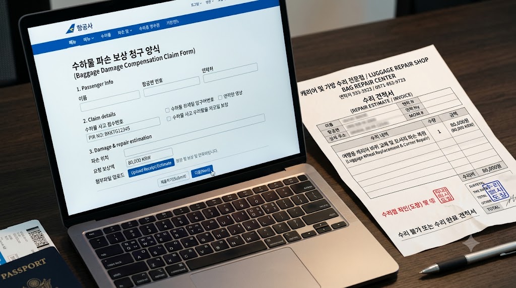 노트북 화면에 띄워진 항공사 고객센터 수하물 보상 청구 양식과 책상 위의 캐리어 수리 견적서