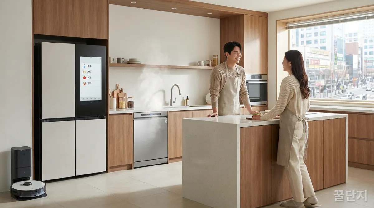스마트 주방에서 여유롭게 대화하는 한국인 부부, 식기세척기가 작동 중인 모습.