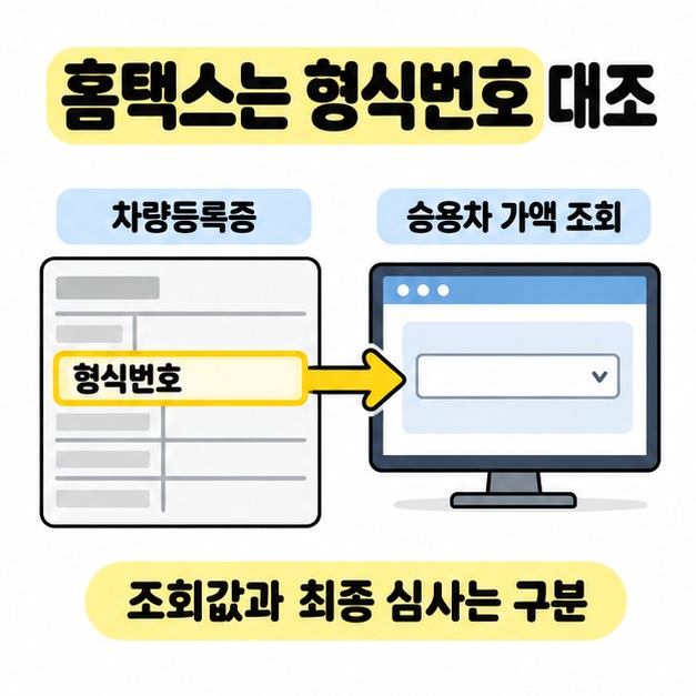 차량등록증 참고 도안의 형식번호 항목에서 승용차 가액 조회 화면으로 화살표가 이어지고 조회값과 최종 심사를 구분하도록 안내한 그림