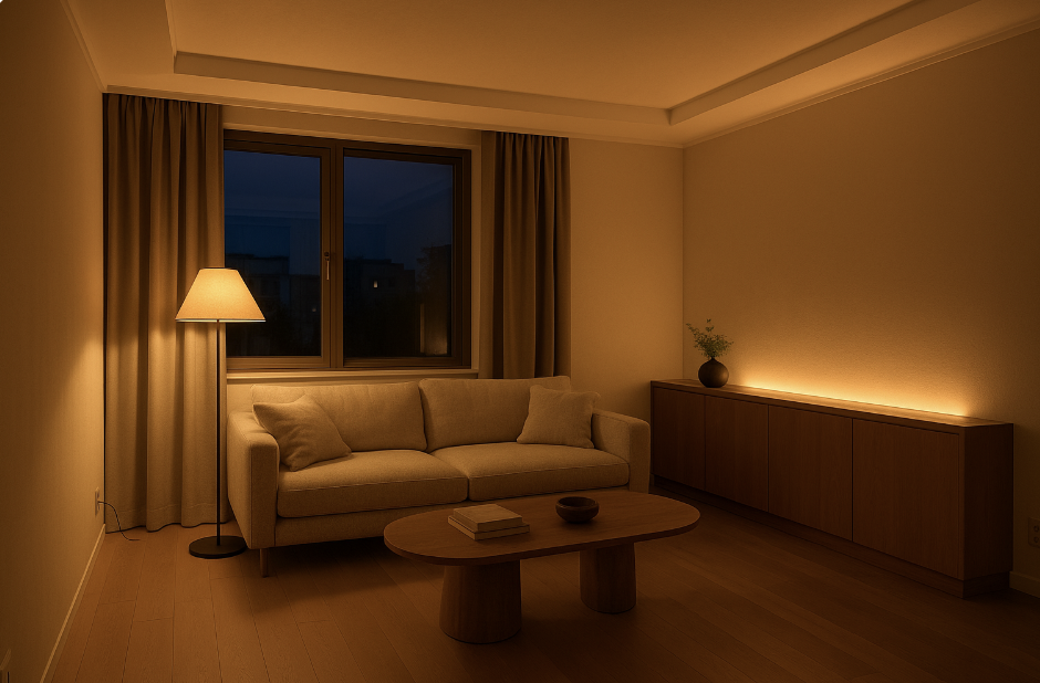 38평대 아파트 거실, 따뜻한 간접조명과 플로어 램프로 은은하게 빛나는 아늑한 인테리어 공간. 크림색 소파와 원형 테이블이 조화를 이루며, 부드러운 저녁 조명이 공간을 감싸는 모습