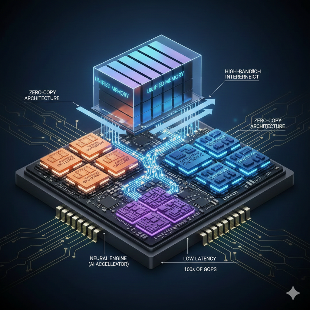 Apple Silicon A-series chip and unified memory system technical diagram.