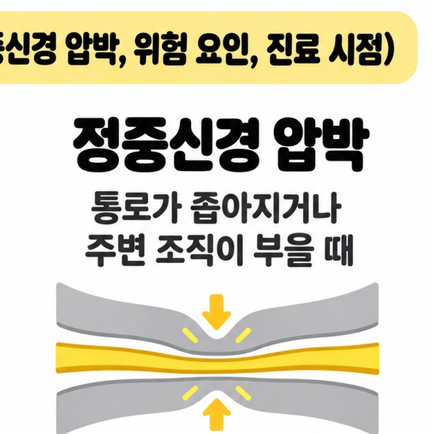 정중신경 압박을 설명하며 회색 면 사이의 노란 선을 양쪽 화살표로 누르는 개념 그림