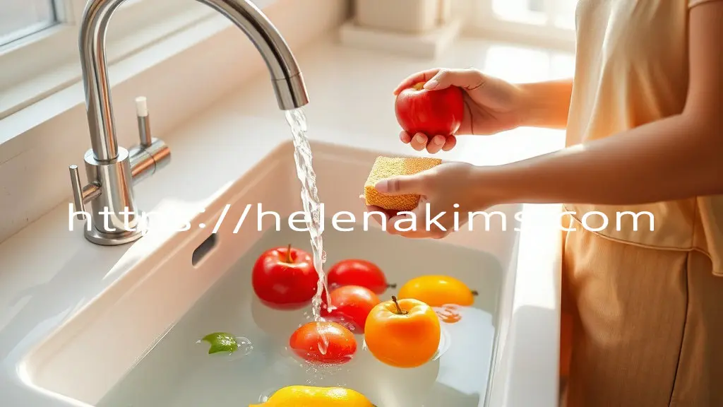 주방 조리대에서 한 여성이 사과를 수세미로 닦으려고 하는 모습.