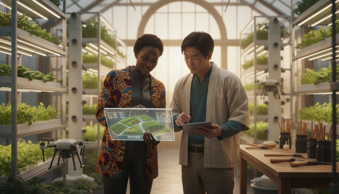 아프리카와 아시아 출신 두 사람이 지속가능한 농업 프로젝트의 설계도를 보며 집중적으로 논의하고 있는 모습. 문화적 의상을 입고 있으며, 협력과 지식 공유의 분위기가 느껴집니다.