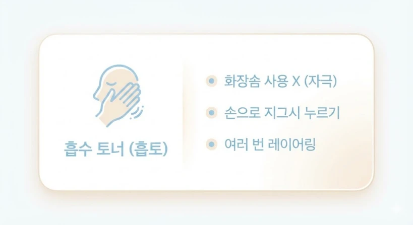 흡수 토너(흡토)' 사용법을 핵심만 정리한 깔끔한 요약 카드 UI 이미지입니다. 왼쪽에는 손으로 얼굴을 감싸 쥐고 토너를 흡수시키는 아이콘이 있고, 오른쪽에는 '화장솜 사용 X (자극)', '손으로 지그시 누르기', '여러 번 레이어링'이라는 핵심 수칙이 한글로 명확하게 나열되어 있습니다.