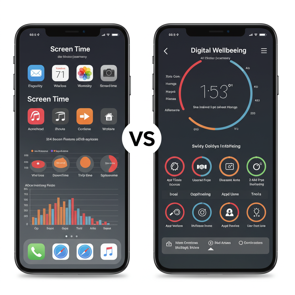 아이폰과 안드로이드의 스크린타임 및 디지털 웰빙 설정 비교 화면
