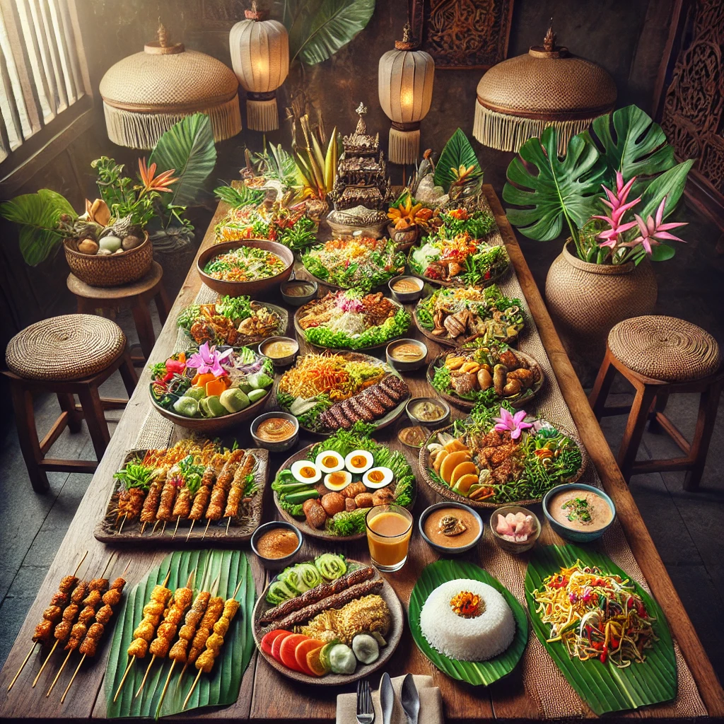 발리 전통 음식을 담은 테이블, 나시고렝, 사테, 가도가도 등이 어우러진 모습