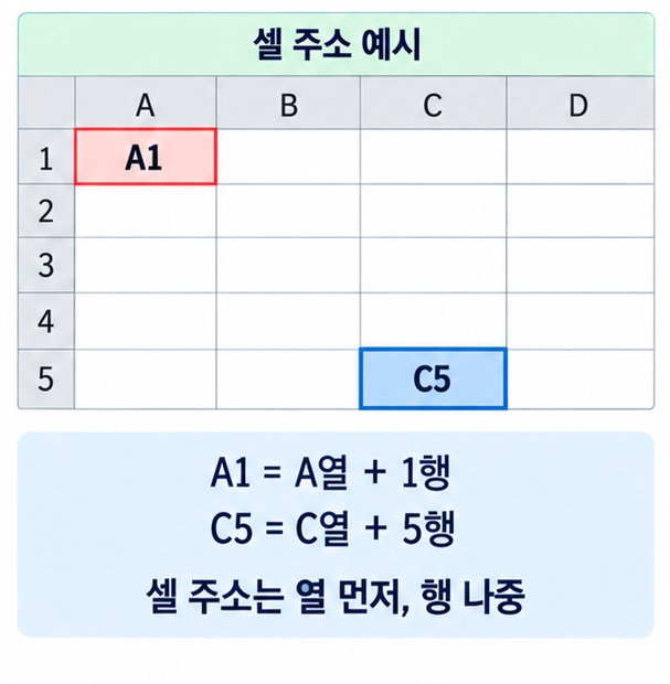 엑셀에서 A열 B열 1행 2행과 A1 C5 셀 주소를 설명하는 이미지