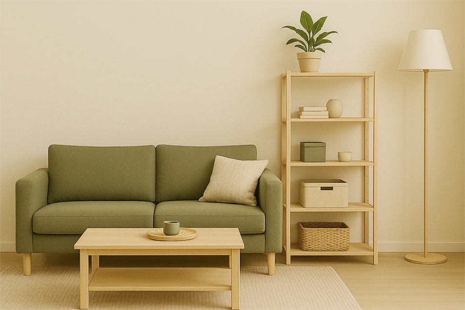 2025년 이케아 추천템과 공간별 필수 아이템을 반영한 거실 인테리어, 올리브 그린 소파와 내추럴 우드 가구로 꾸민 북유럽 스타일