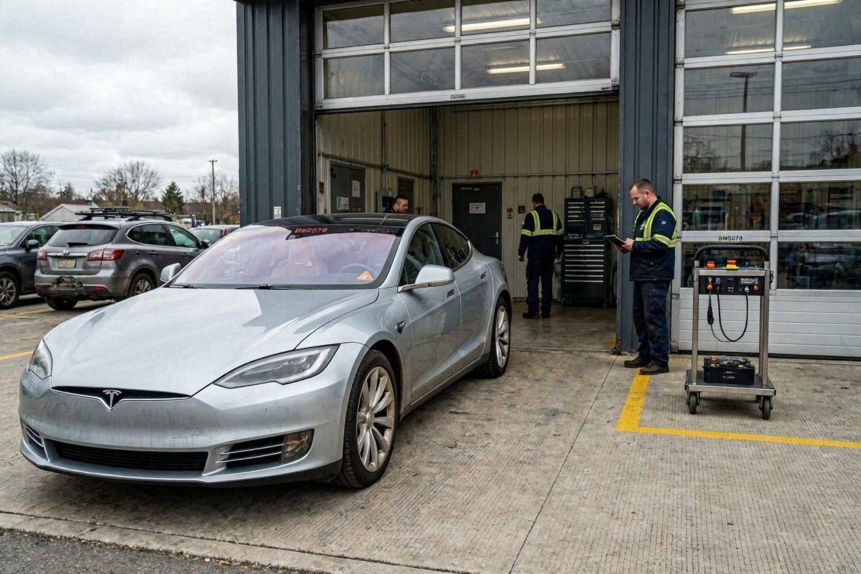 Depicting a vehicle being brought to a service center for inspection due to BMS079, a battery defect issue occurring in older Tesla cars.