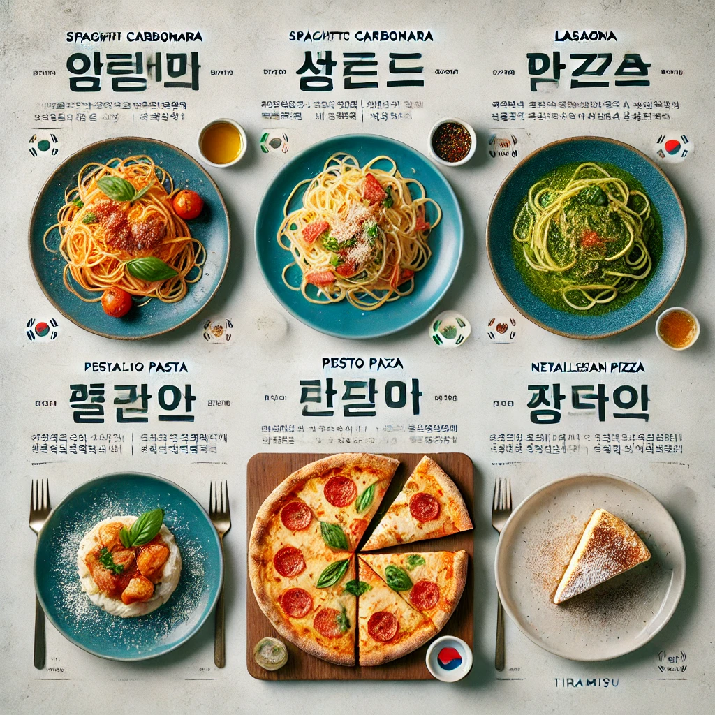 이탈리아의 대표 음식인 파스타, 피자, 리조또, 인티파스토, 돌체