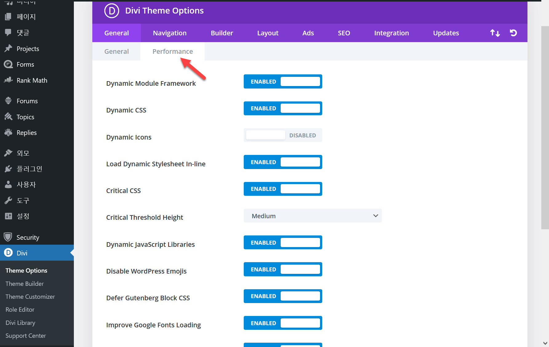 워드프레스 Divi 테마 속도 개선