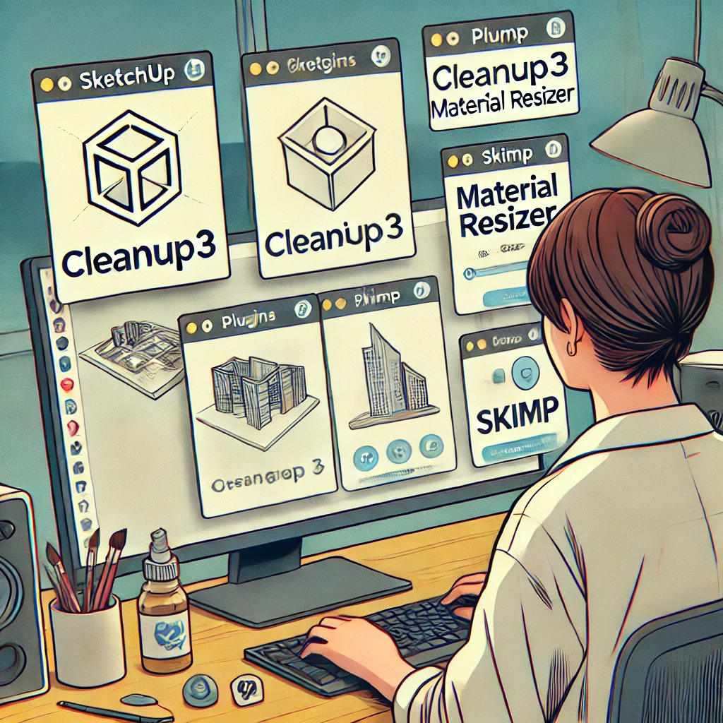 현대적인 웹툰 스타일의 이미지로, 디자이너가 스케치업에서 Cleanup3, Material Resizer, Skimp와 같은 여러 플러그인을 사용하여 3D 모델을 최적화하는 장면을 보여줍니다. 화면에는 플러그인 도구들이 열려 있으며, 깔끔하고 정돈된 작업 공간이 효율성을 강조합니다.
