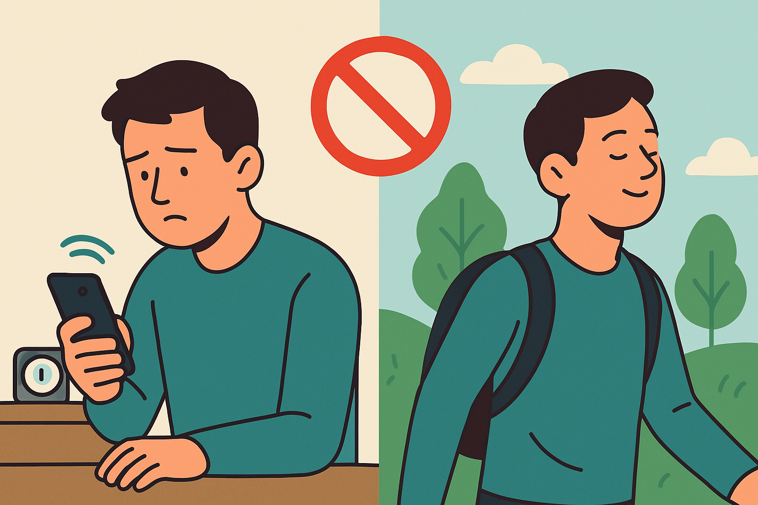 스마트폰 중독과 자연속의 여유를 즐기는 모습의 비교 이미지