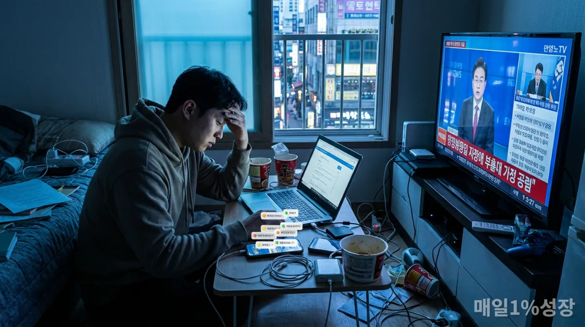 수많은 디지털 기기와 알림에 둘러싸여 스트레스받는 한국인의 모습