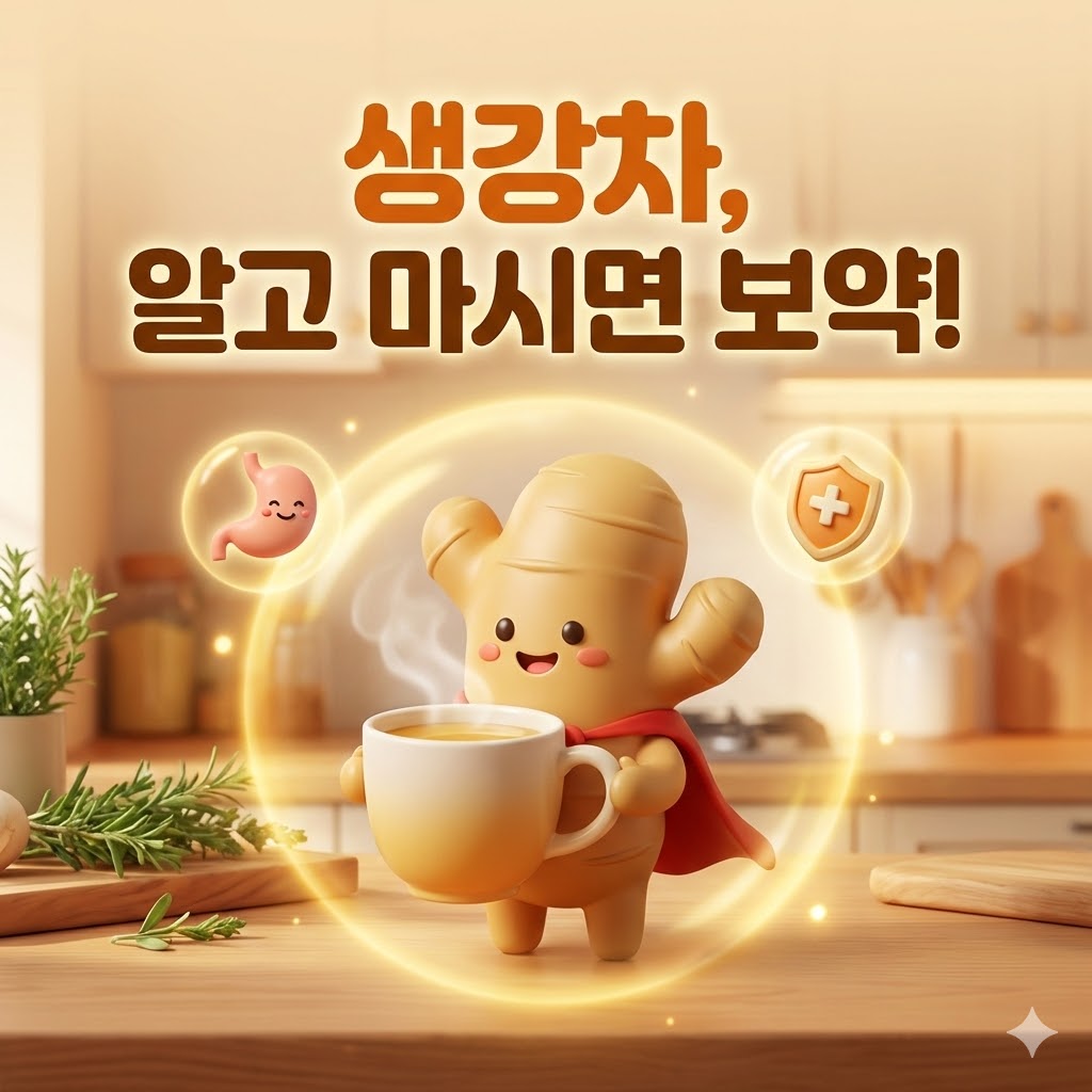 웃는 생강 캐릭터가 따뜻한 생강차를 마시며 건강 효능을 보여주는 3D 카툰 일러스트