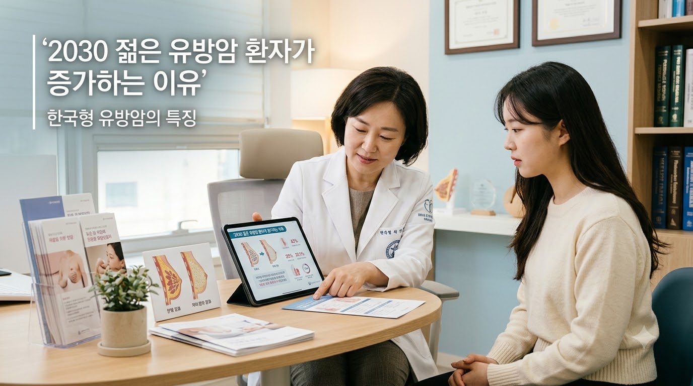 햇살이 은은하게 비치는 아늑하고 신뢰감 주는 유방외과 진료실에서 전문의와 30대 젊은 여성 환자가 밝고 차분한 표정으로 2030 젊은 유방암 환자 증가 이유 및 한국형 치밀유방의 특징 안내 차트를 함께 보며 이야기 나누고 있는 모습. '2030 젊은 유방암 환자가 증가하는 이유와 한국형 유방암의 특징'이라는 문구가 적혀 있어, 젊은 층 유방암의 경각심과 조기 검진의 중요성을 시각화함.