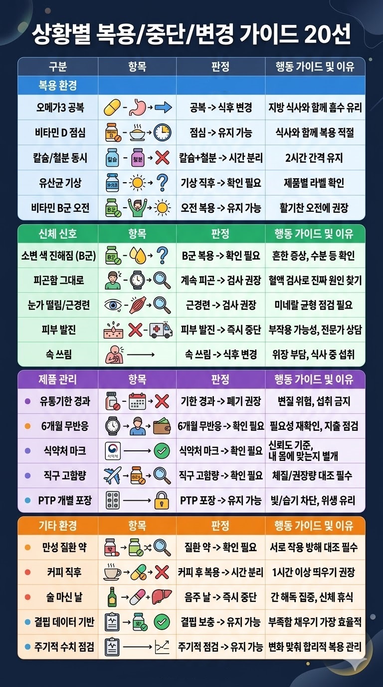 영양제 복용 환경과 신체 신호 기반 복용&middot;중단&middot;변경 판단 가이드표