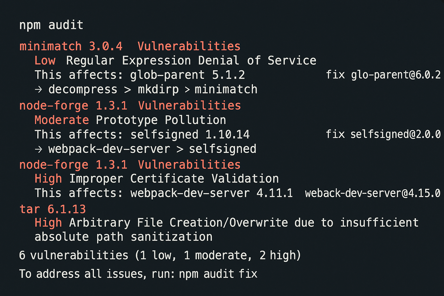 npm audit 명령어 실행 시 취약점 경고 메시지가 표시된 터미널 화면