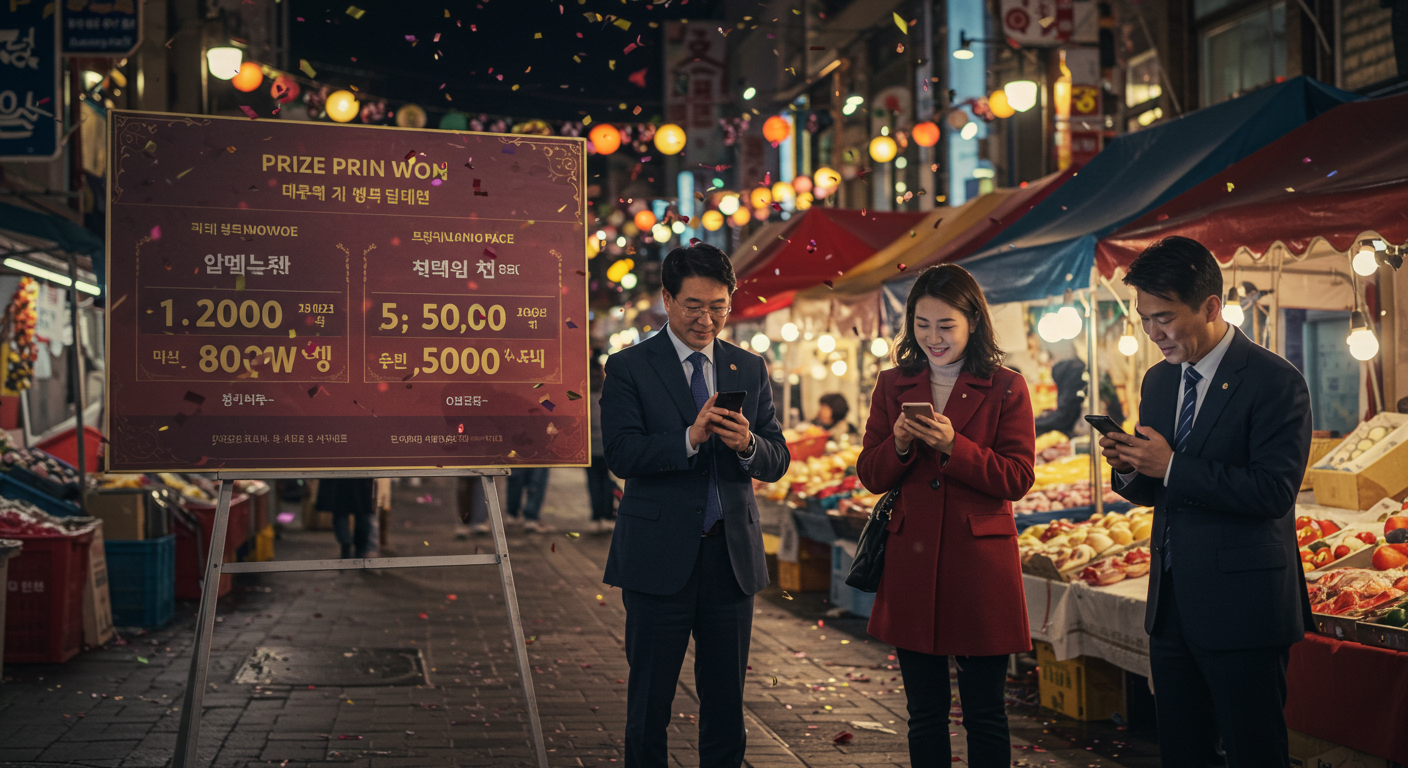 당첨 등수별 상품권 혜택을 스마트폰으로 확인하는 시민들