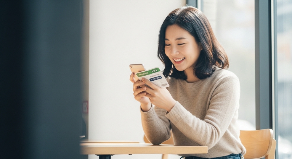 계좌잔액을 확인하며 미소짓는 여성