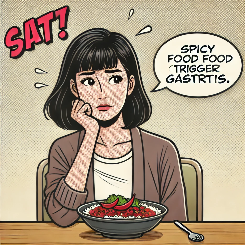 맵고 자극적인 음식을 앞에 두고 고민하는 여성