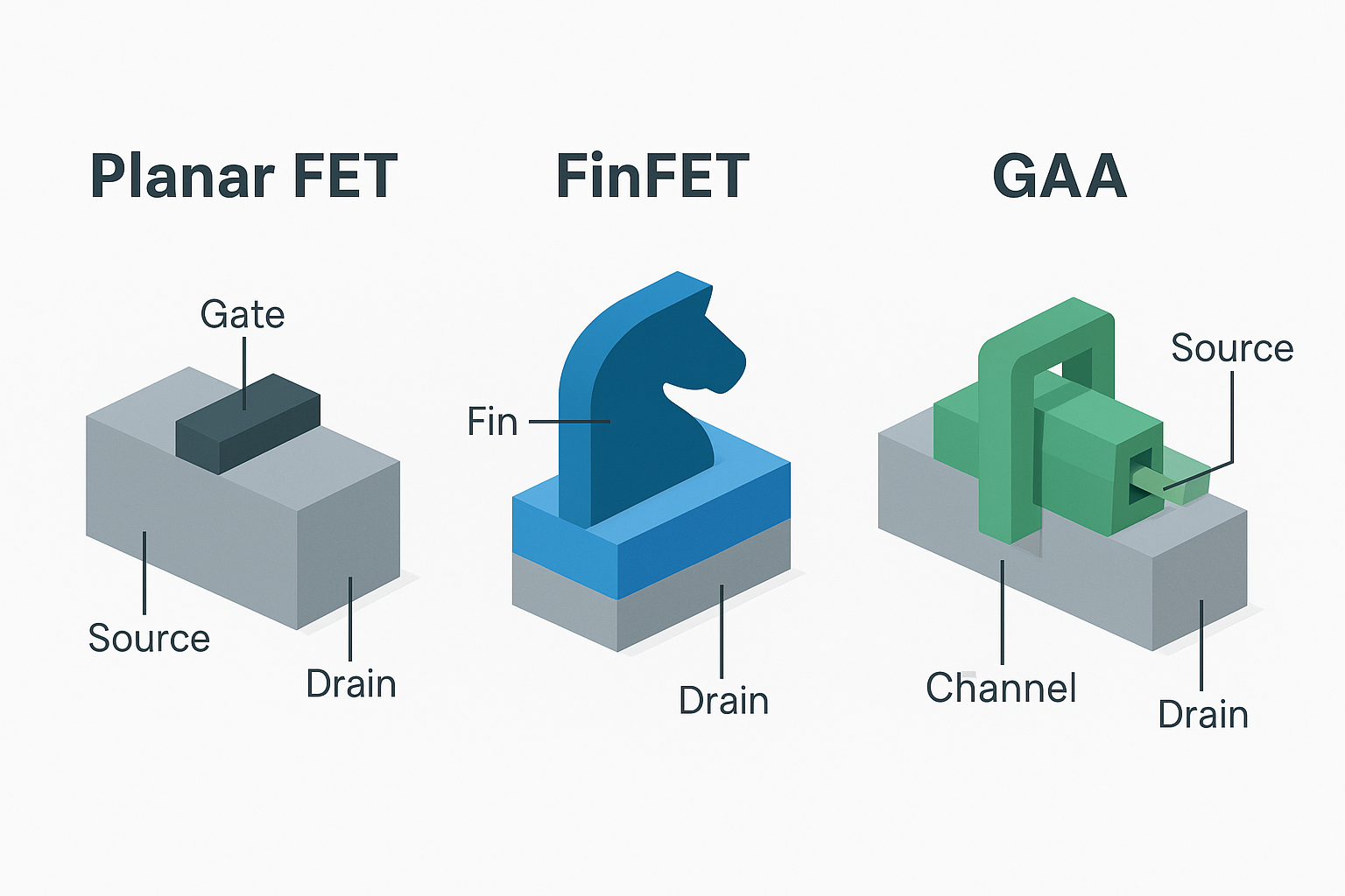 2D 평면 구조의 PlanarFET, 3면을 감싸는 3D 구조의 FinFET, 4면을 모두 감싸는 GAA 구조를 나란히 비교하는 인포그래픽