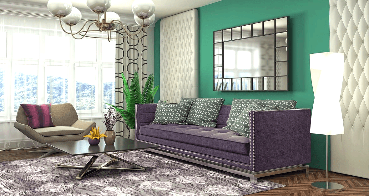 아파트 거실 풍경이다. 회색 소파가 있고 벽은 녹색이다. 창가엔 하얀 햇살이 비춘다.