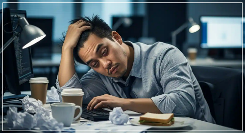 만성 피로로 사무실 책상에서 머리를 감싸고 있는 남성의 모습