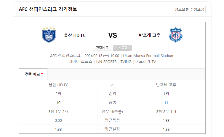 울산현대 반포레고후 경기일정