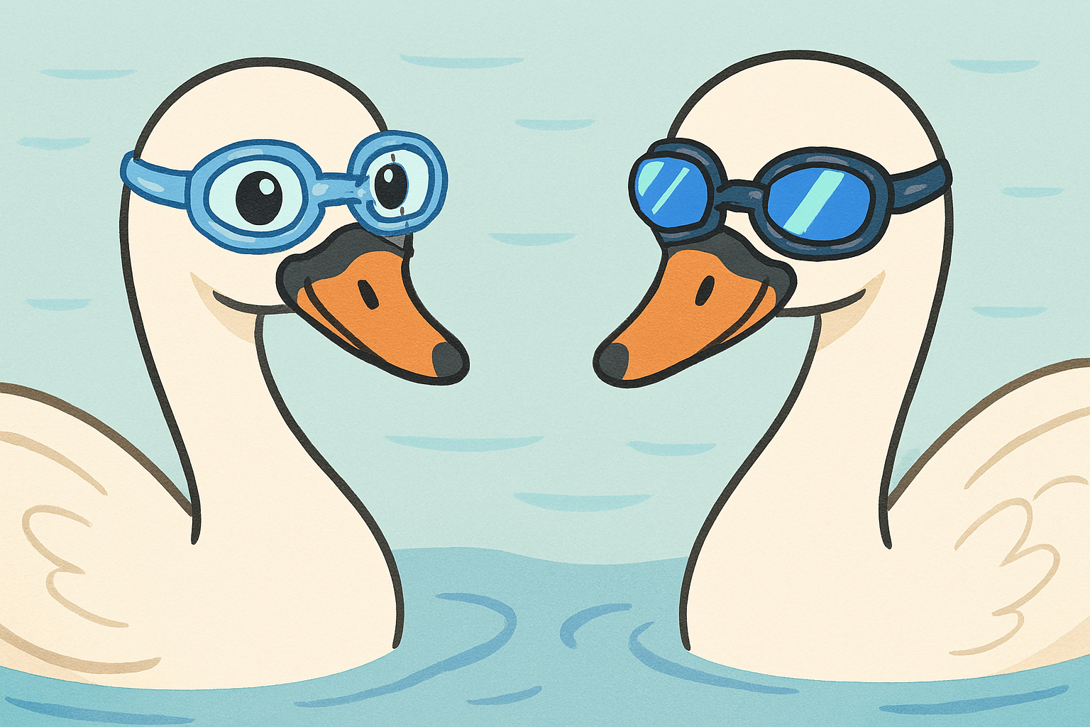 투명 수경을 쓴 백조와 미러 수경을 쓴 백조