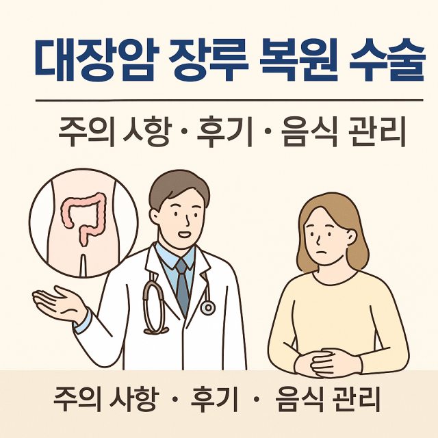 대장암 장루 복원 수술 후 주의 사항과 환자 후기, 음식 관리 방법을 설명하는 대표 이미지로, 수술 후 생활 관리와 회복 과정을 강조한 그림