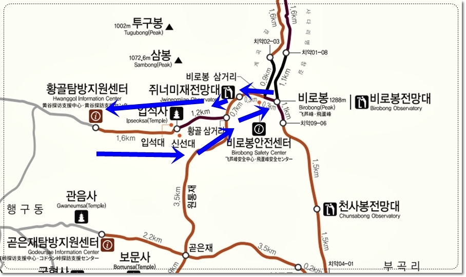 치악산 최단코스 : 황골탐방지원센터 - 입석사(입석대, 신선대, 마애불상) - 황골삼거리 - 쥐너미재전망대 - 치악산 비로봉 정상 - 황골탐방지원센터 원점회귀