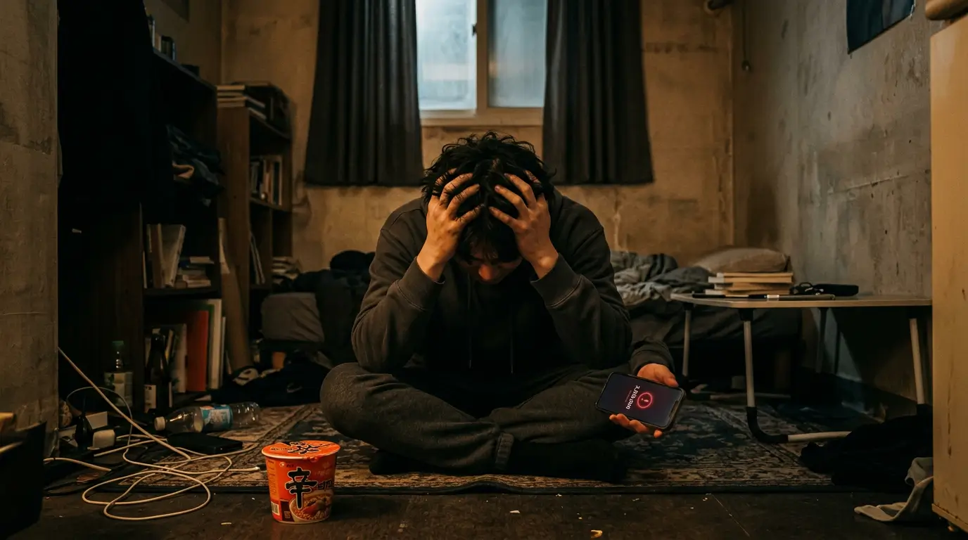 어두운 원룸 바닥에 주저앉아 은행의 원금 일시불 상환 독촉 알림이 뜬 스마트폰을 쥐고 절망하는 20대 한국인 남성의 모습