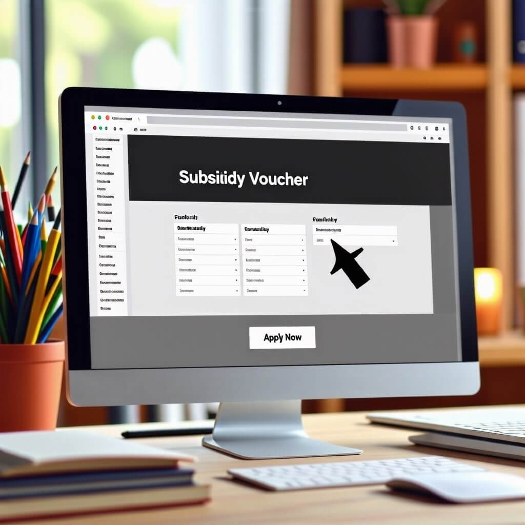 컴퓨터 화면에 교육급여 바우처 온라인 신청 페이지가 열려 있는 모습. 마우스 커서가 '신청하기' 버튼 위에 위치.