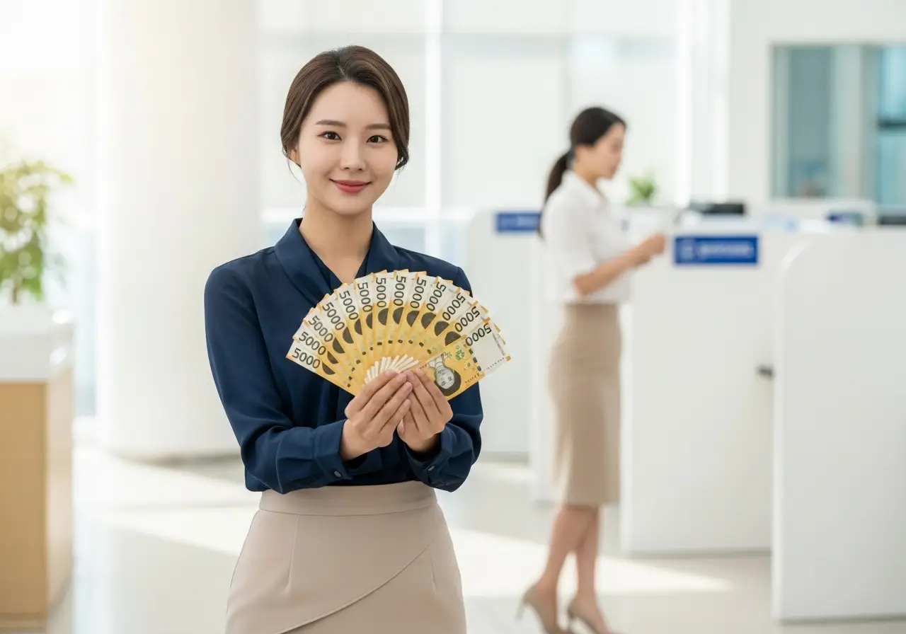 추석 신권 교환을 안내하는 전문가가 깨끗한 새 돈을 들고 있는 모습